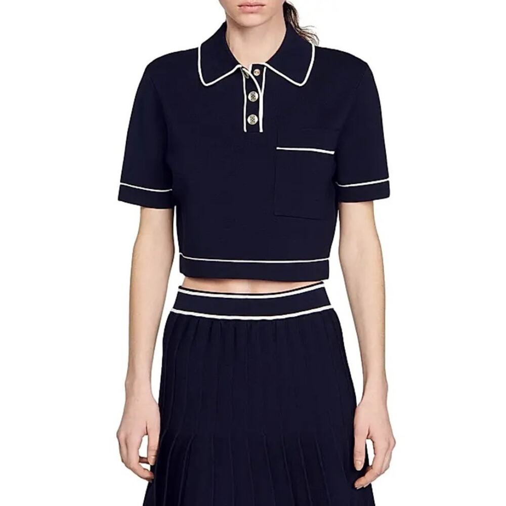 Sandro Cropped Short Sleeve Polo Knit Jumper in Deep Blue